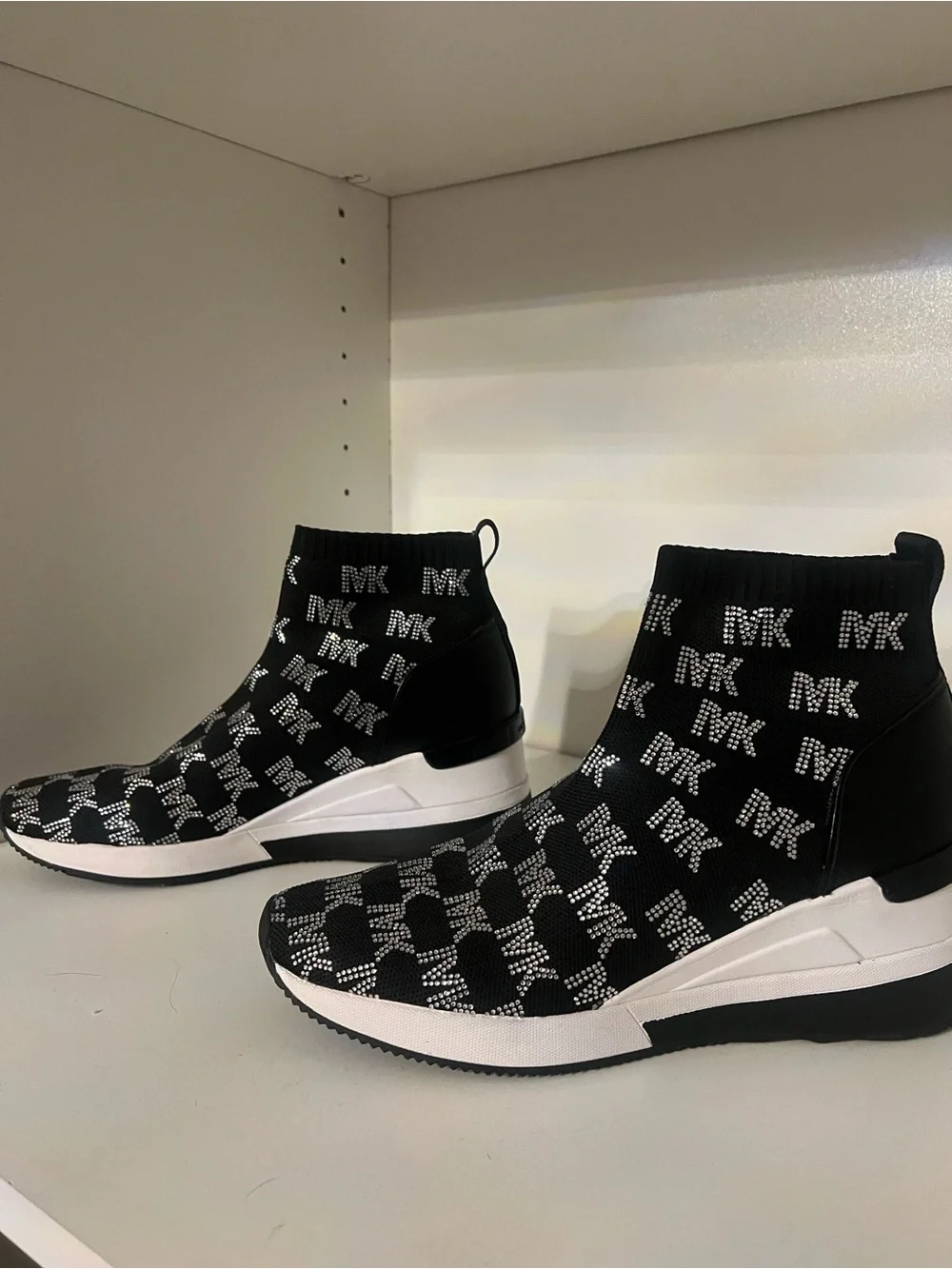 Michael Kors Black Knit Logo Sock Sneakers with White Platform